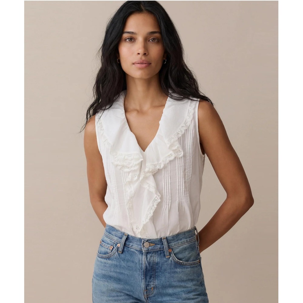 NWT Sorella Eve Cotton Lace Trim Ruffle Top in White - Size Large